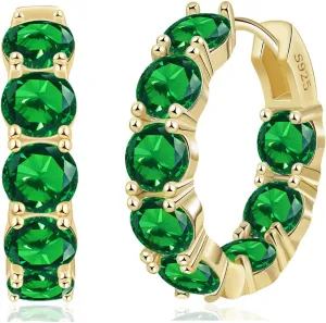 14K Gold Plated Hoop Earrings for Women,Silver Huggie Earrings for Women Cubic Zirconia Small Earring CZ Inside-Outside Hoop Earring Green Earring