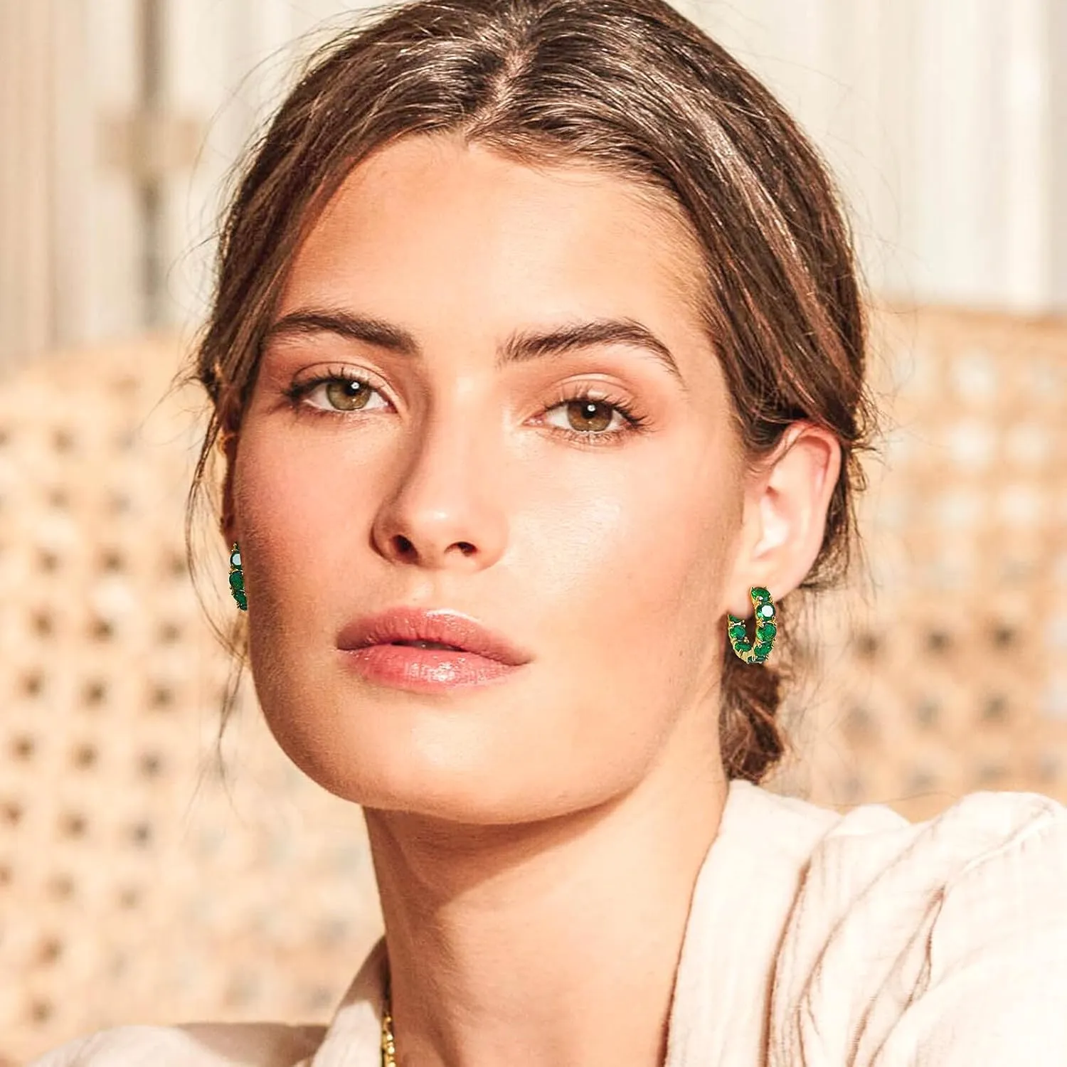 14K Gold Plated Hoop Earrings for Women,Silver Huggie Earrings for Women Cubic Zirconia Small Earring CZ Inside-Outside Hoop Earring Green Earring