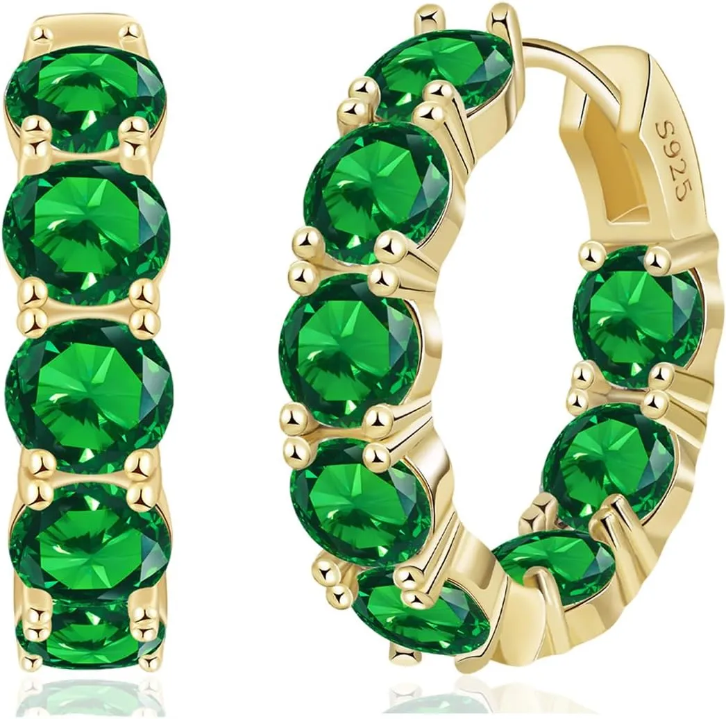 14K Gold Plated Hoop Earrings for Women,Silver Huggie Earrings for Women Cubic Zirconia Small Earring CZ Inside-Outside Hoop Earring Green Earring