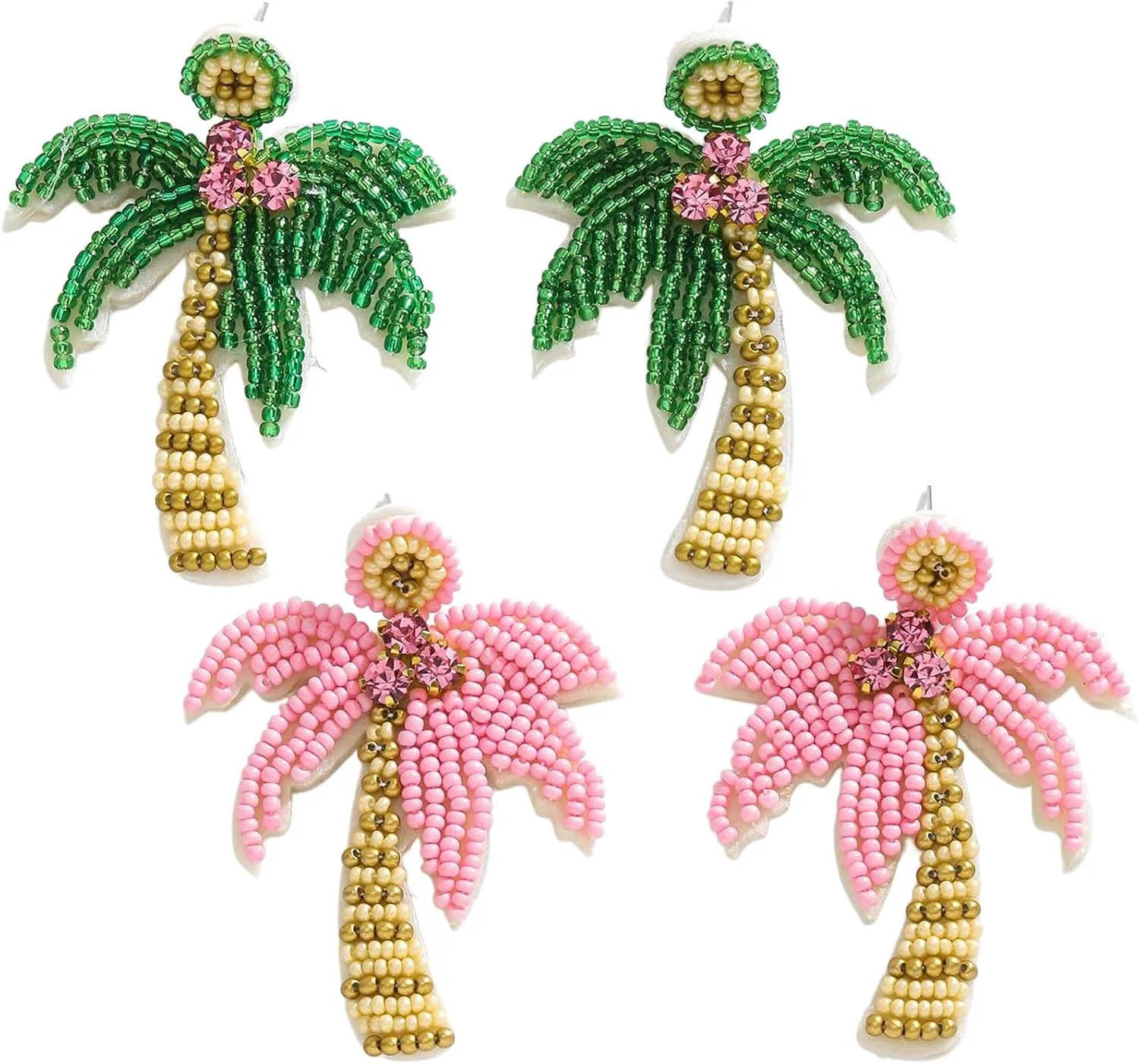 2 Pairs Beaded Palm Tree Earrings Set for Women, Handmade Beads Green Pink Coconut Tree Dangle Earrings for Beach Summer Holiday Jewelry Gift