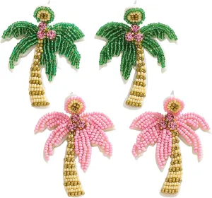 2 Pairs Beaded Palm Tree Earrings Set for Women, Handmade Beads Green Pink Coconut Tree Dangle Earrings for Beach Summer Holiday Jewelry Gift