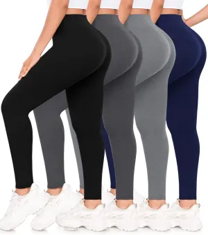 4 Pack Leggings for Women Full Length Capri w/Pockets High Waisted Tummy Control Soft No See-Thru Yoga Pants Workout