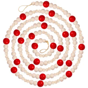 9 Foot Red & Natural Wood Bead Ball Christmas Tree Garland | Assorted Wood Bead Sizes, Rustic Country Farmhouse Vintage Decoration for Home