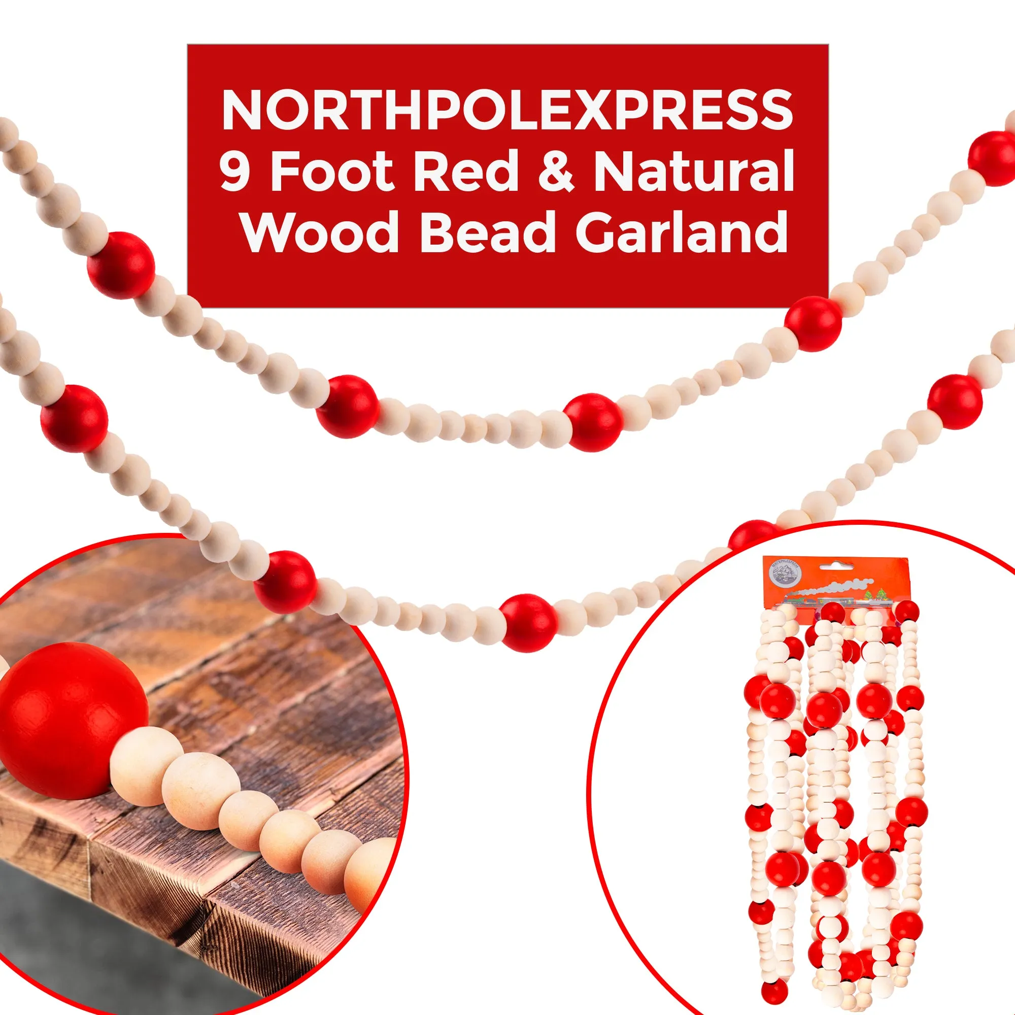 9 Foot Red & Natural Wood Bead Ball Christmas Tree Garland | Assorted Wood Bead Sizes, Rustic Country Farmhouse Vintage Decoration for Home