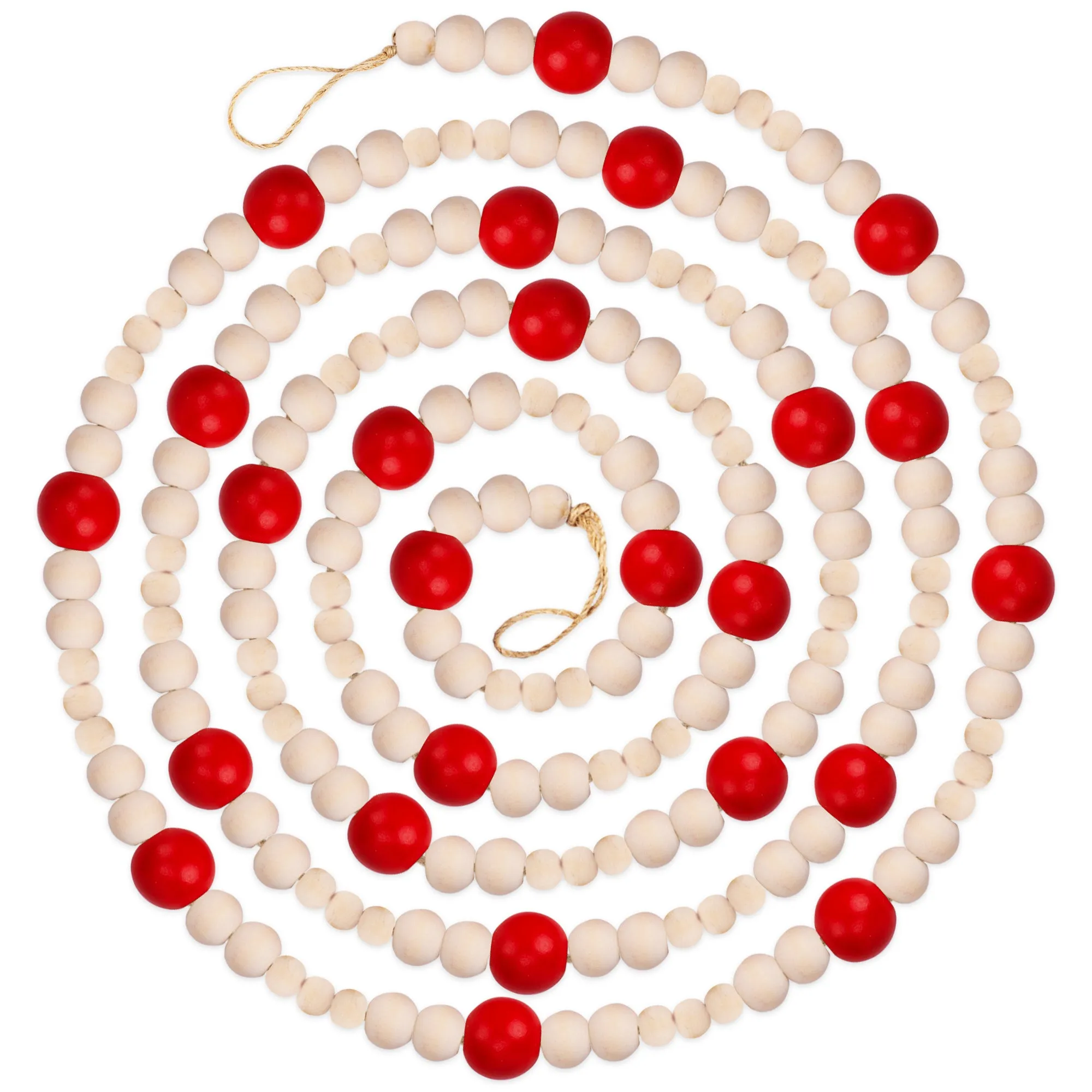 9 Foot Red & Natural Wood Bead Ball Christmas Tree Garland | Assorted Wood Bead Sizes, Rustic Country Farmhouse Vintage Decoration for Home
