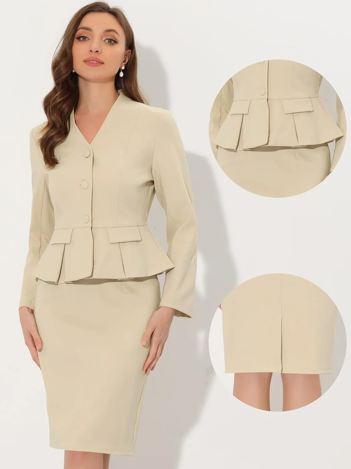 Allegra K Business Suit Sets for Women's 2 Piece Outfits Collarless Peplum Blazer Formal Pencil Skirt Suit