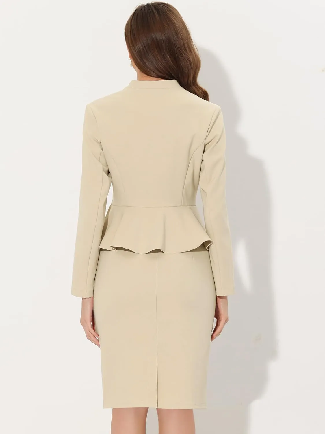 Allegra K Business Suit Sets for Women's 2 Piece Outfits Collarless Peplum Blazer Formal Pencil Skirt Suit