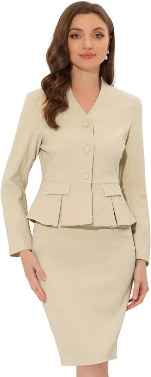 Allegra K Business Suit Sets for Women's 2 Piece Outfits Collarless Peplum Blazer Formal Pencil Skirt Suit