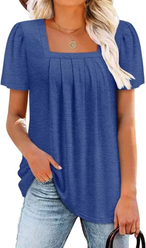 BETTE BOUTIK Womens Summer Tops Short Sleeve Pleated Square Neck Tunics Shirts Blouses S-3XL