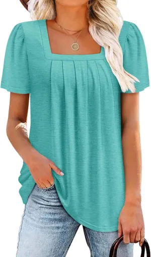 BETTE BOUTIK Womens Summer Tops Short Sleeve Pleated Square Neck Tunics Shirts Blouses S-3XL