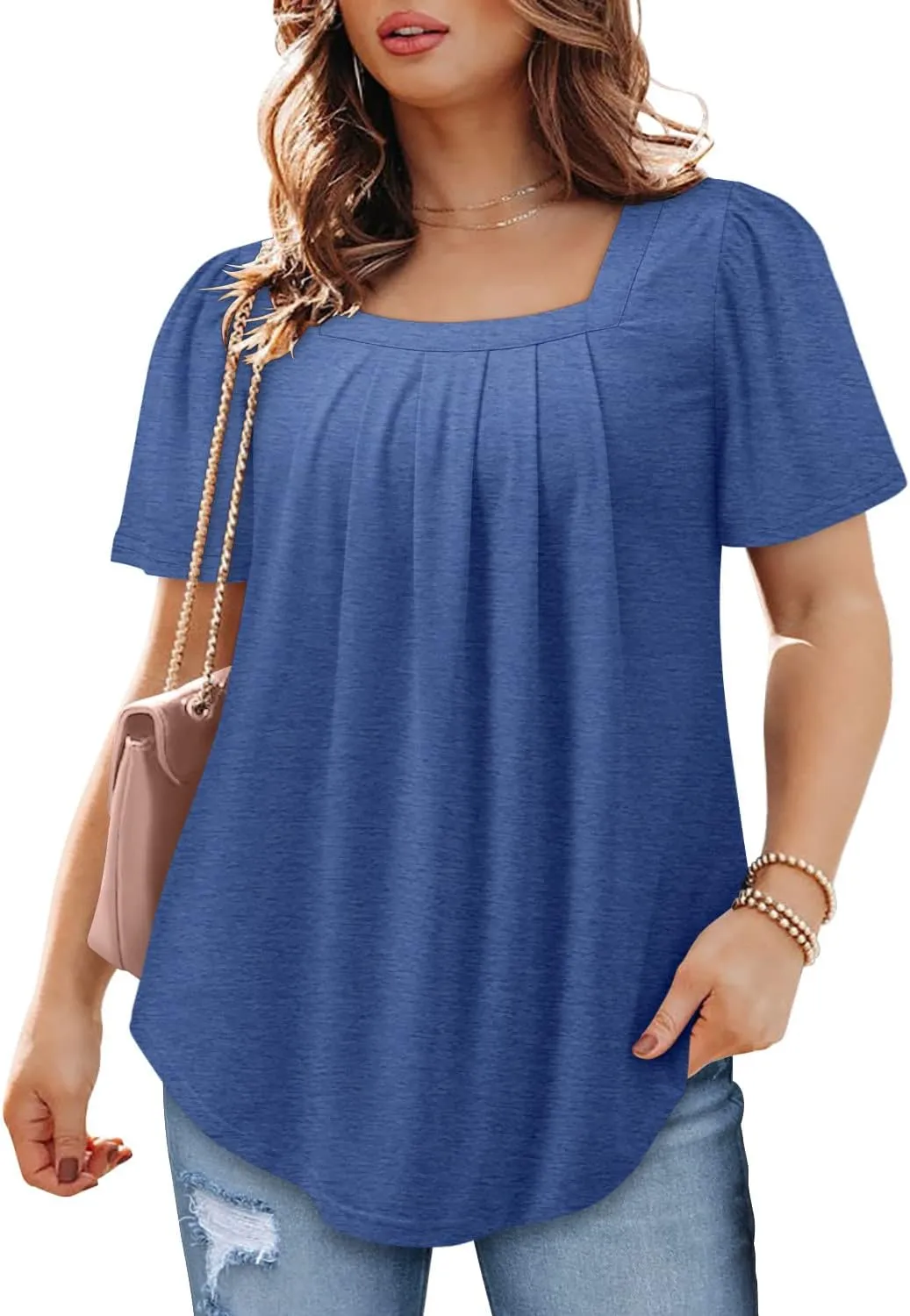 BETTE BOUTIK Womens Summer Tops Short Sleeve Pleated Square Neck Tunics Shirts Blouses S-3XL