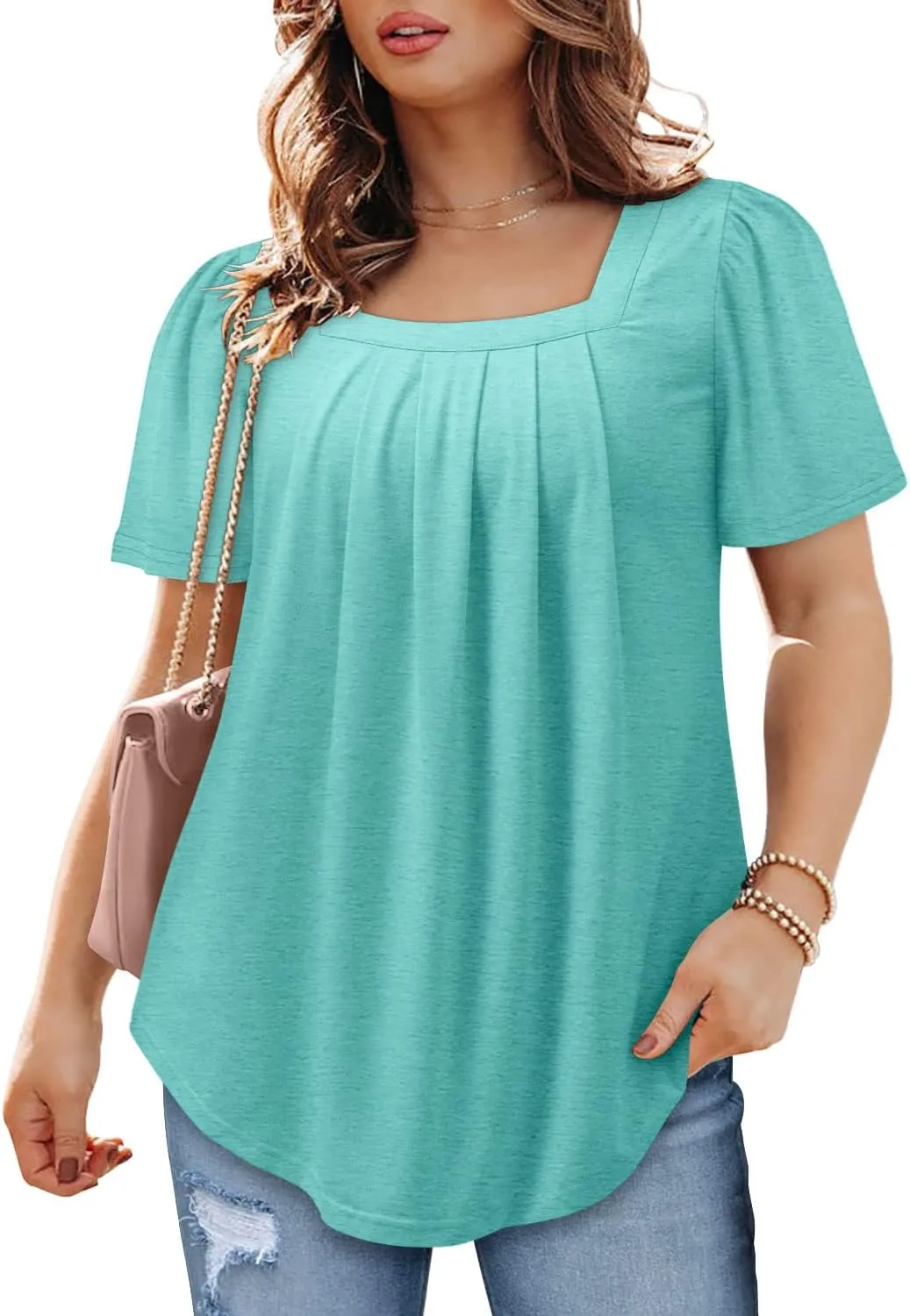 BETTE BOUTIK Womens Summer Tops Short Sleeve Pleated Square Neck Tunics Shirts Blouses S-3XL