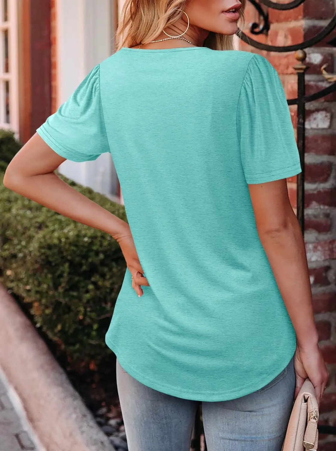 BETTE BOUTIK Womens Summer Tops Short Sleeve Pleated Square Neck Tunics Shirts Blouses S-3XL