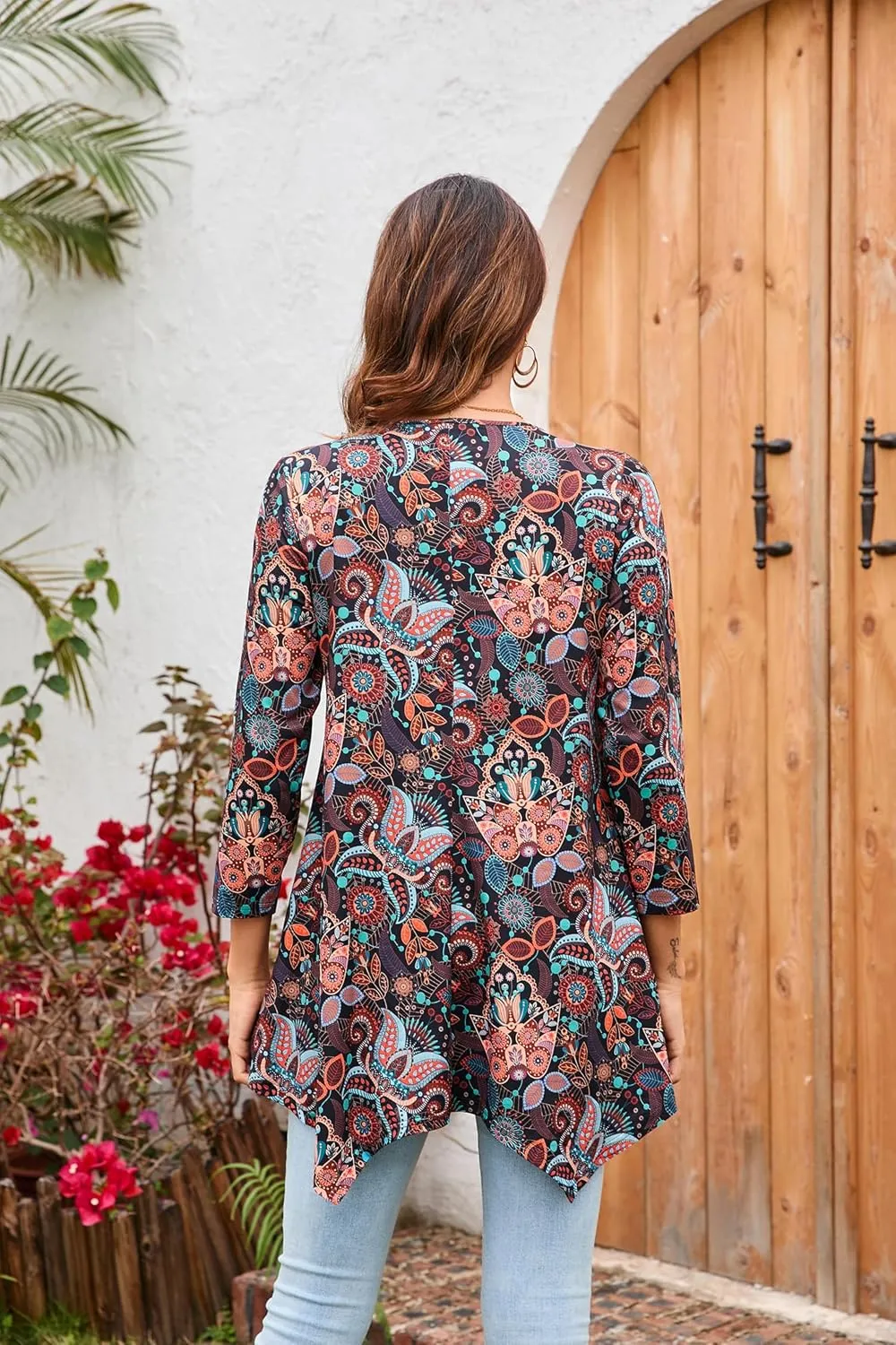 ENMAIN Women's Tunic Top 3/4 Sleeve Plus Size Tunic Tops to Wear with Leggings Ladies Casual Swing Dressy Blouses