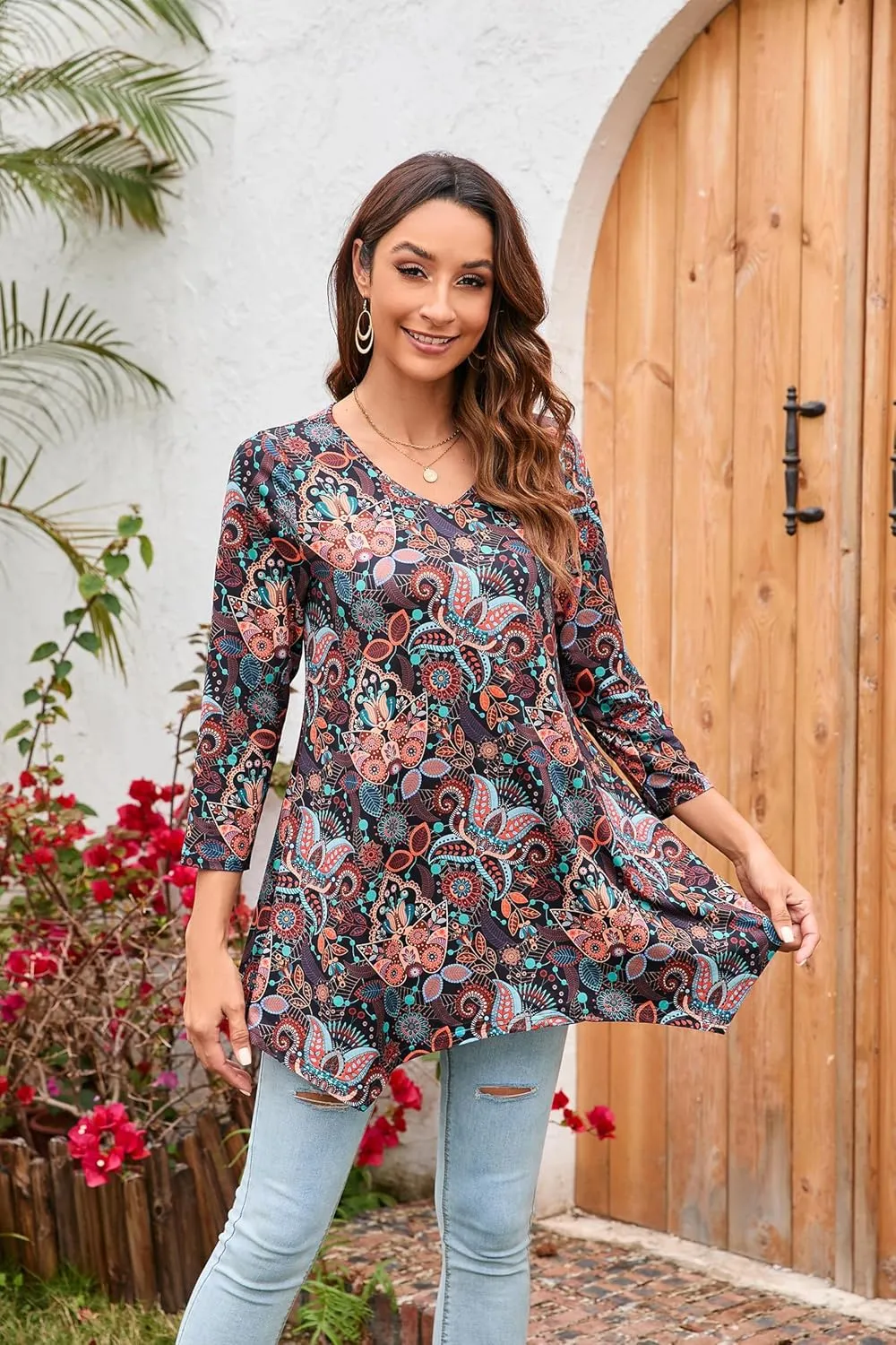 ENMAIN Women's Tunic Top 3/4 Sleeve Plus Size Tunic Tops to Wear with Leggings Ladies Casual Swing Dressy Blouses