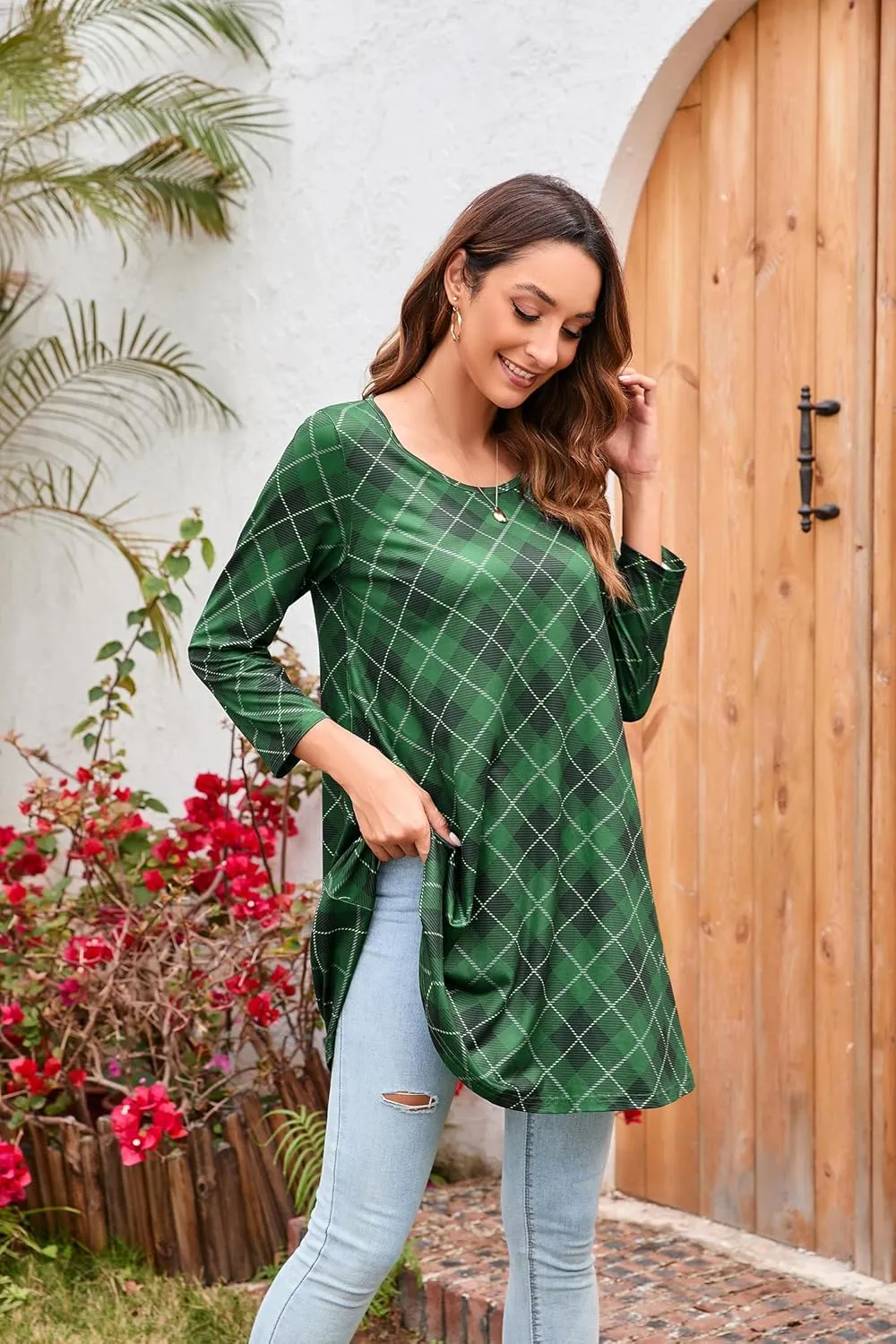 ENMAIN Women's Tunic Top 3/4 Sleeve Plus Size Tunic Tops to Wear with Leggings Ladies Casual Swing Dressy Blouses