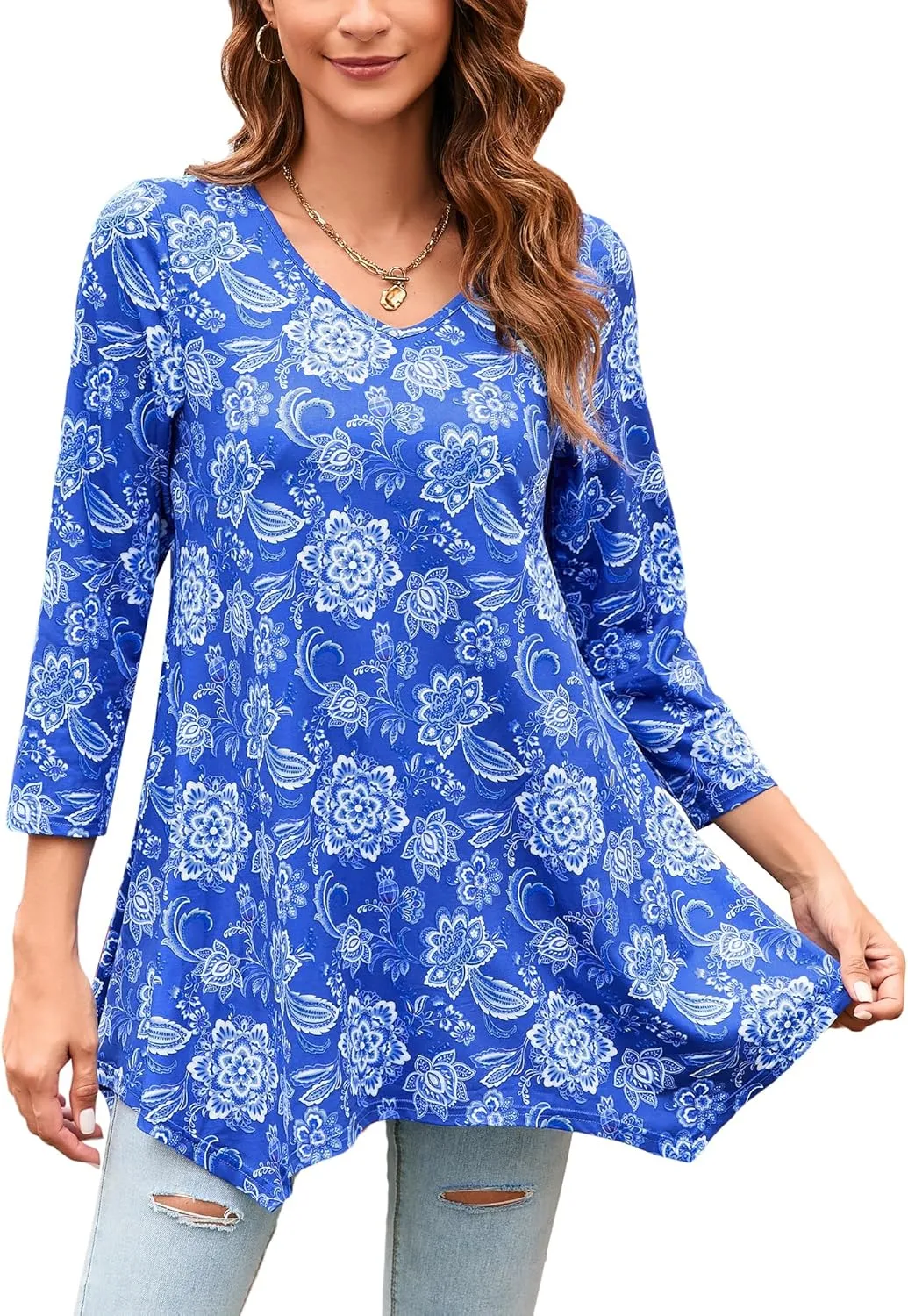 ENMAIN Women's Tunic Top 3/4 Sleeve Plus Size Tunic Tops to Wear with Leggings Ladies Casual Swing Dressy Blouses