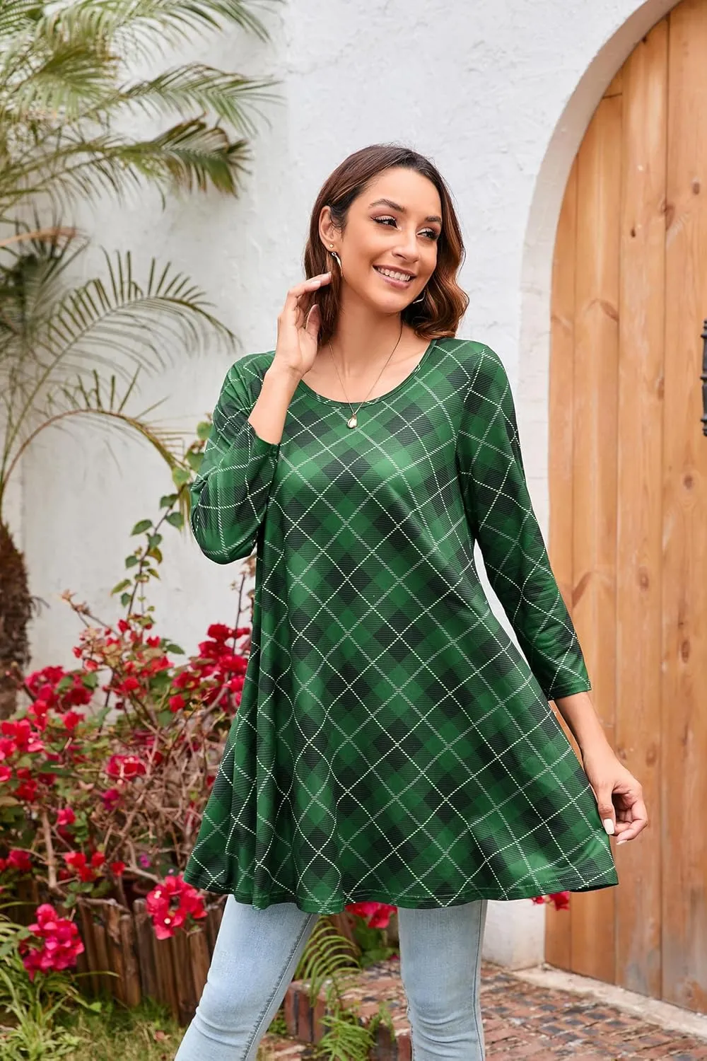 ENMAIN Women's Tunic Top 3/4 Sleeve Plus Size Tunic Tops to Wear with Leggings Ladies Casual Swing Dressy Blouses