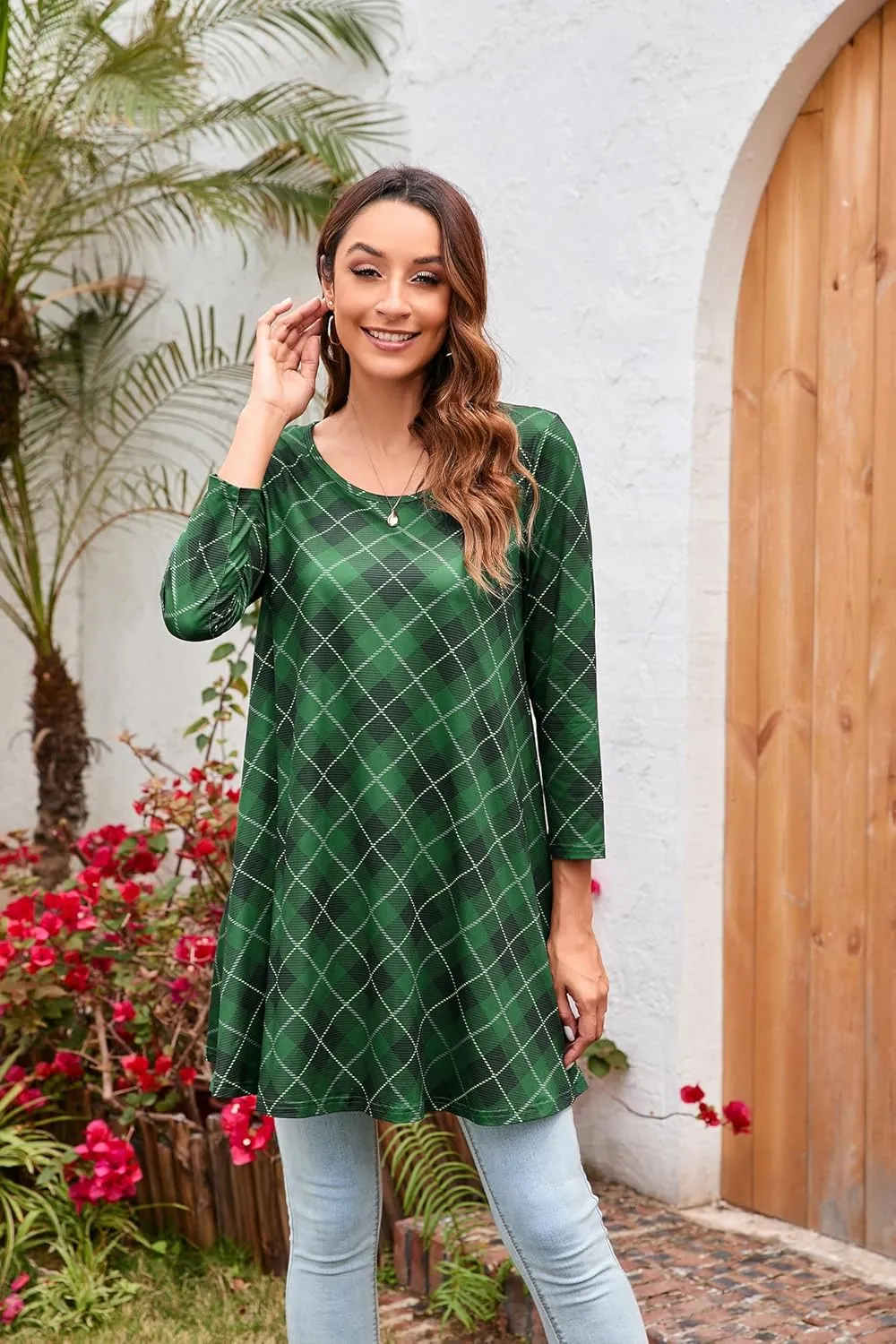 ENMAIN Women's Tunic Top 3/4 Sleeve Plus Size Tunic Tops to Wear with Leggings Ladies Casual Swing Dressy Blouses