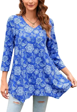 ENMAIN Women's Tunic Top 3/4 Sleeve Plus Size Tunic Tops to Wear with Leggings Ladies Casual Swing Dressy Blouses