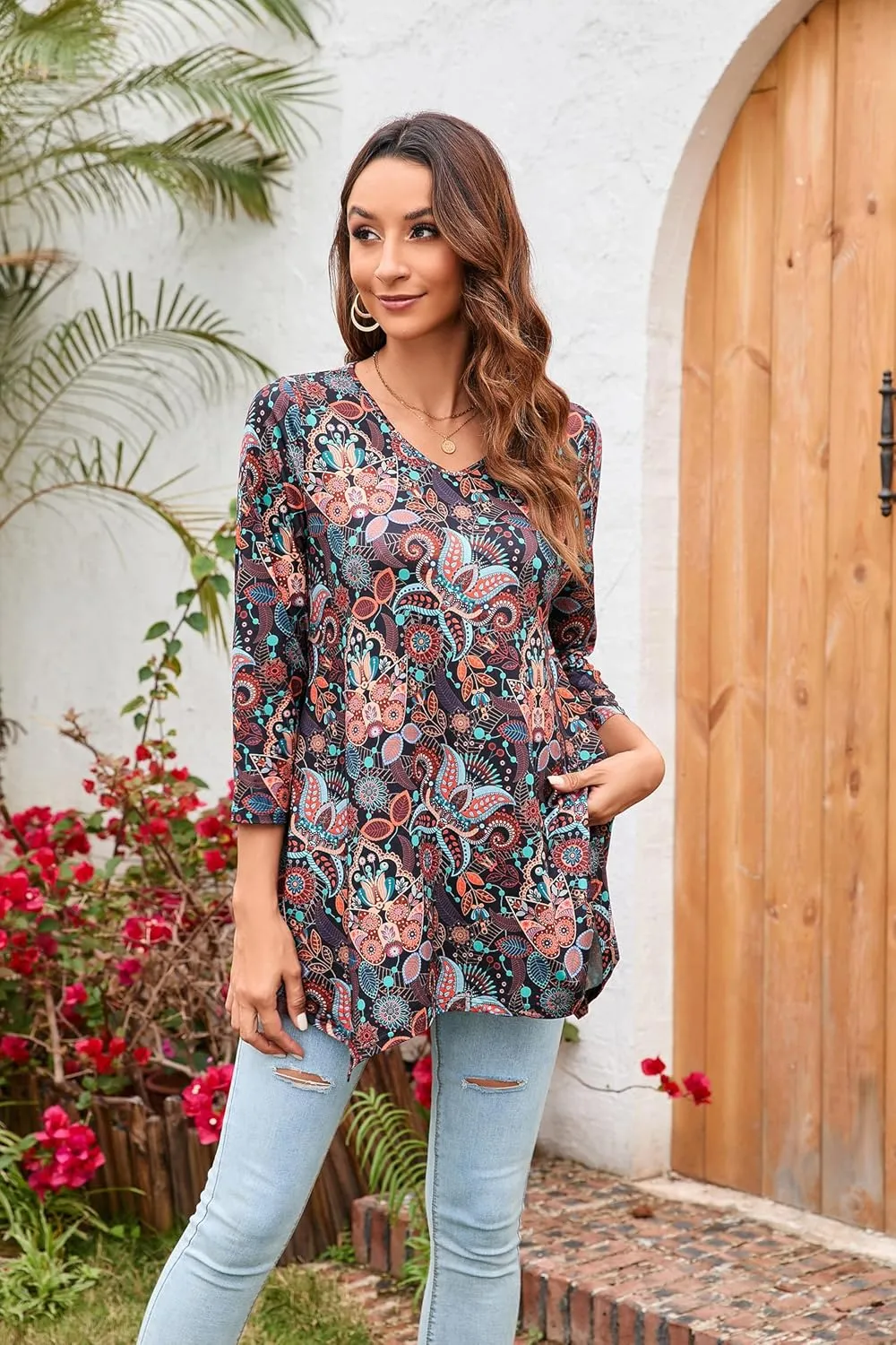 ENMAIN Women's Tunic Top 3/4 Sleeve Plus Size Tunic Tops to Wear with Leggings Ladies Casual Swing Dressy Blouses