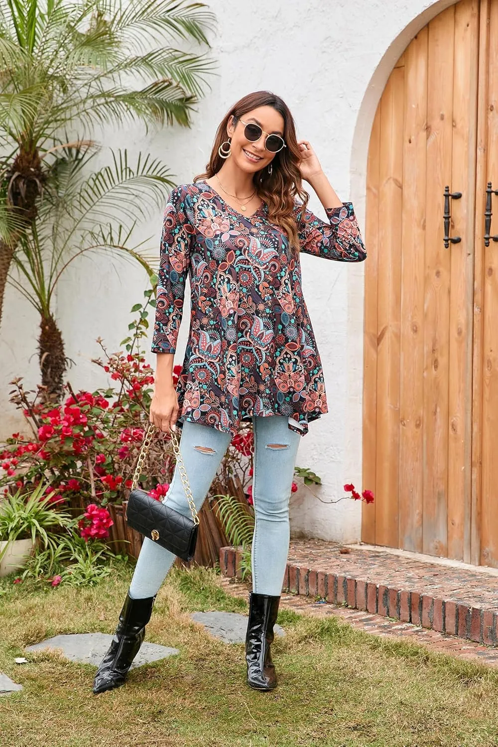 ENMAIN Women's Tunic Top 3/4 Sleeve Plus Size Tunic Tops to Wear with Leggings Ladies Casual Swing Dressy Blouses