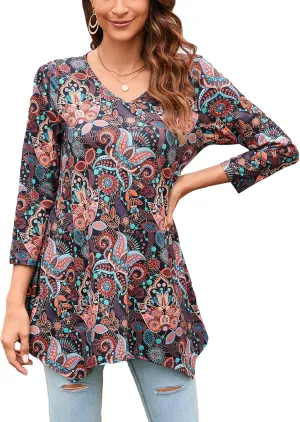 ENMAIN Women's Tunic Top 3/4 Sleeve Plus Size Tunic Tops to Wear with Leggings Ladies Casual Swing Dressy Blouses