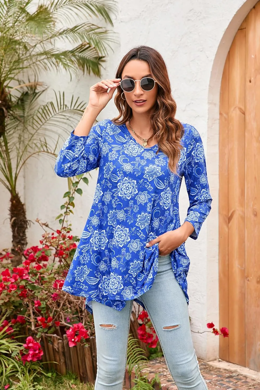 ENMAIN Women's Tunic Top 3/4 Sleeve Plus Size Tunic Tops to Wear with Leggings Ladies Casual Swing Dressy Blouses