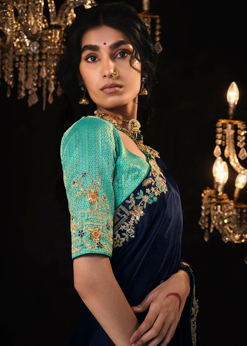 Fancy Navy Blue Embroidered Designer Wedding Wear Saree