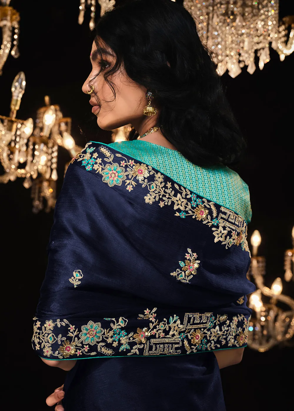 Fancy Navy Blue Embroidered Designer Wedding Wear Saree