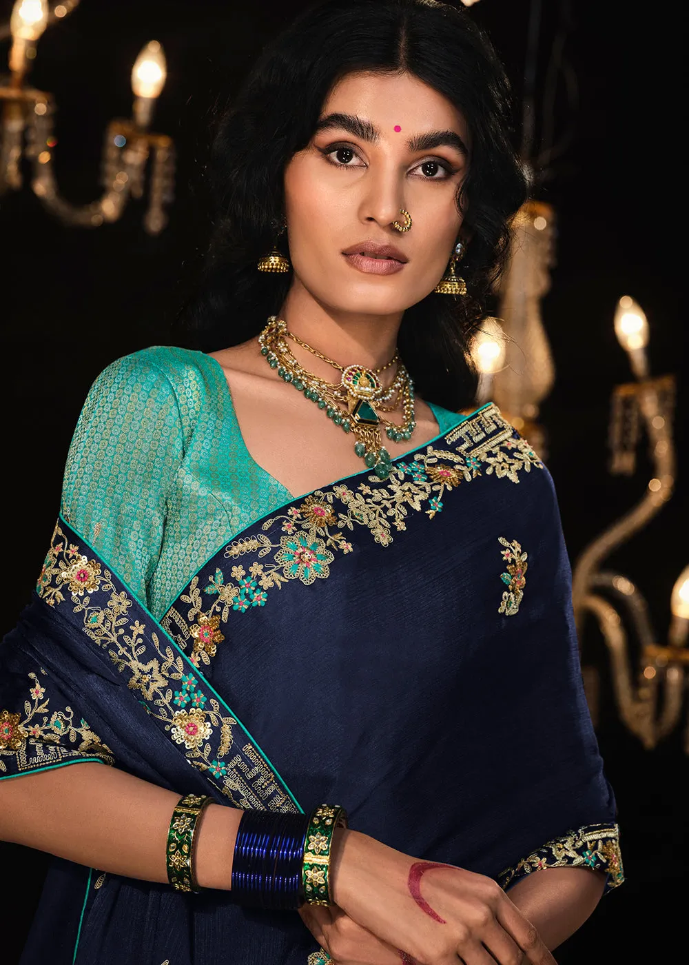 Fancy Navy Blue Embroidered Designer Wedding Wear Saree