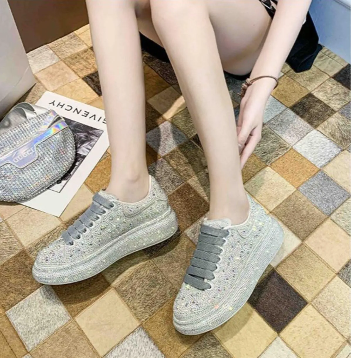 Fashionable Rhinestone Sweet Platform Bling Shoes for Women's Thick Soles PU Casual Sports with Jeans Skirts Comfortable Breathable Wedding Outdoors