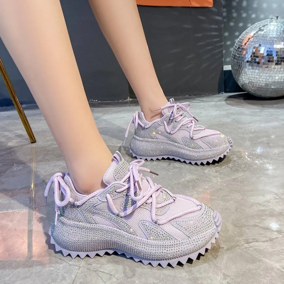Fashionable Rhinestone Sweet Platform Bling Shoes for Women's Thick Soles PU Casual Sports with Jeans Skirts Comfortable Breathable Wedding Outdoors