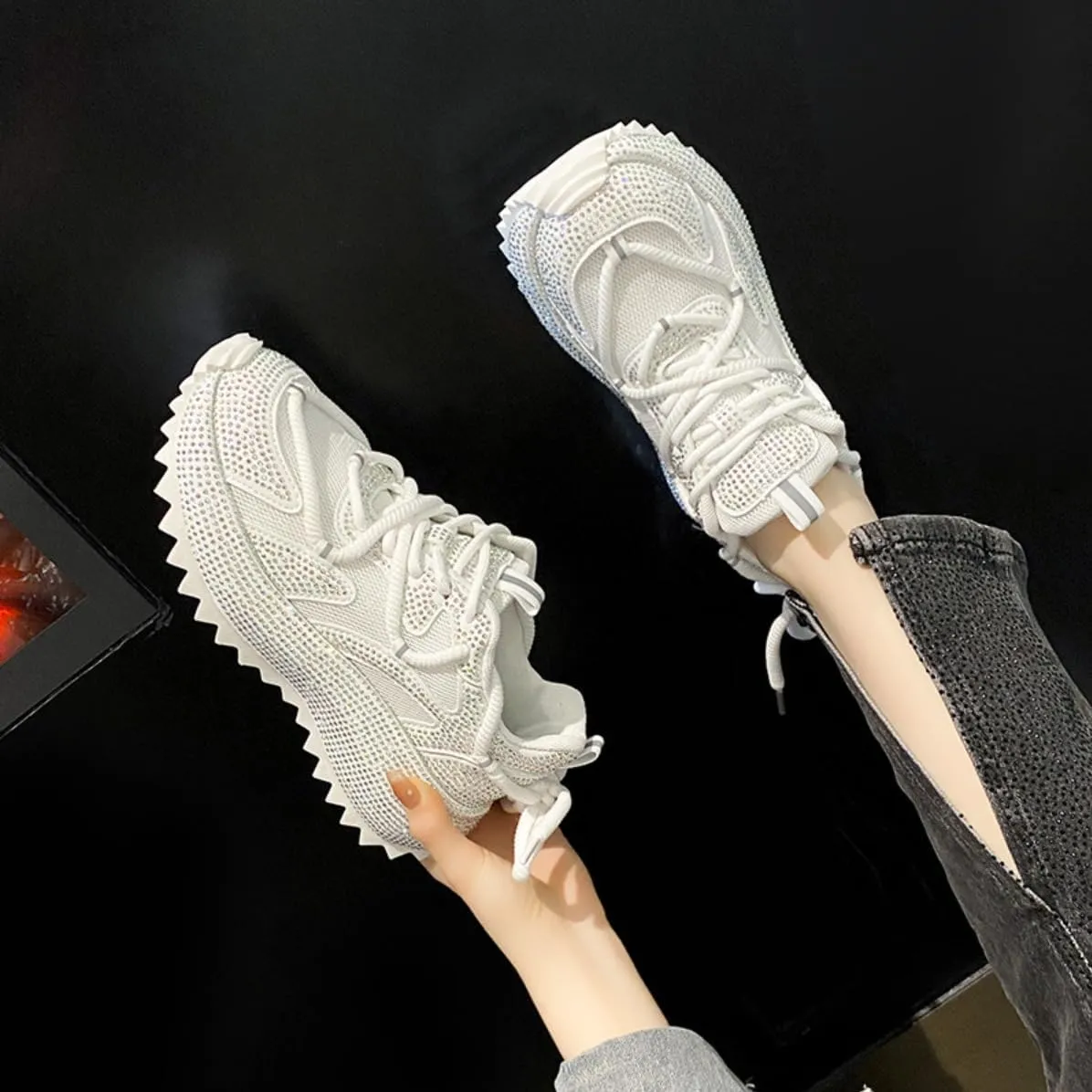 Fashionable Rhinestone Sweet Platform Bling Shoes for Women's Thick Soles PU Casual Sports with Jeans Skirts Comfortable Breathable Wedding Outdoors