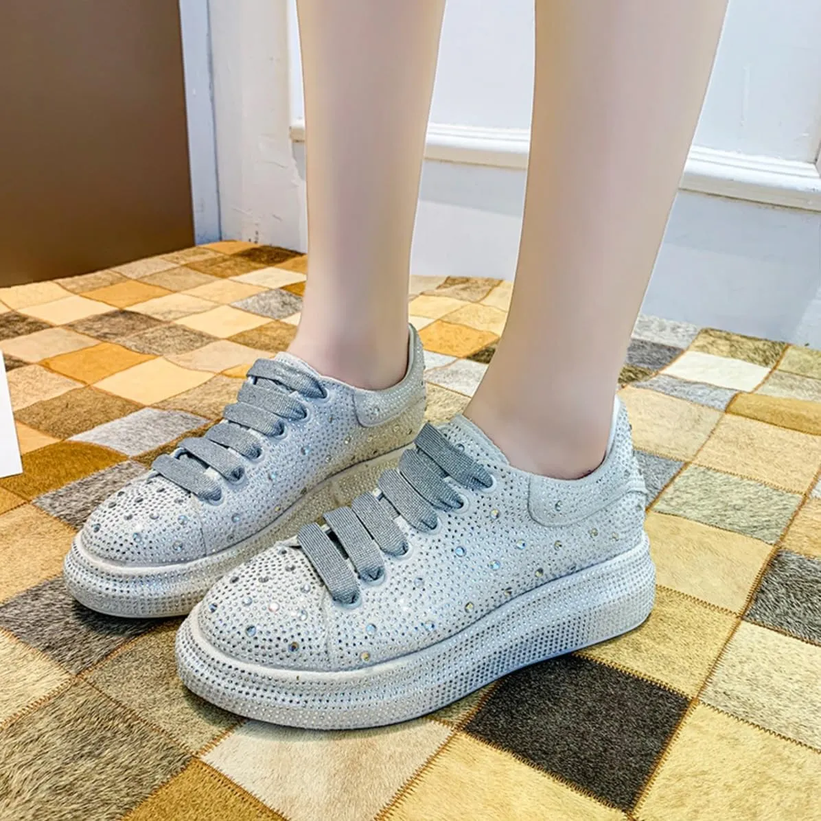 Fashionable Rhinestone Sweet Platform Bling Shoes for Women's Thick Soles PU Casual Sports with Jeans Skirts Comfortable Breathable Wedding Outdoors