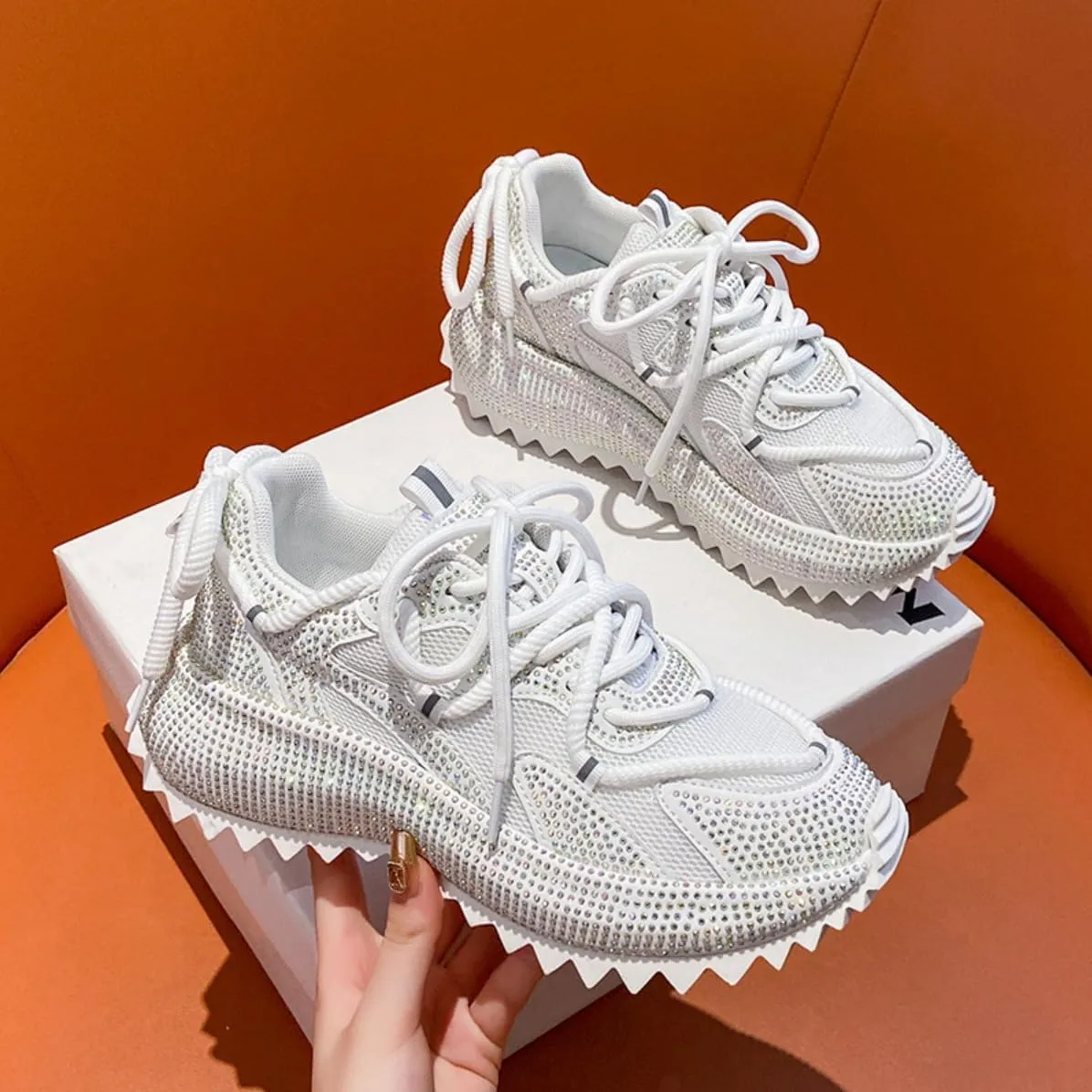Fashionable Rhinestone Sweet Platform Bling Shoes for Women's Thick Soles PU Casual Sports with Jeans Skirts Comfortable Breathable Wedding Outdoors