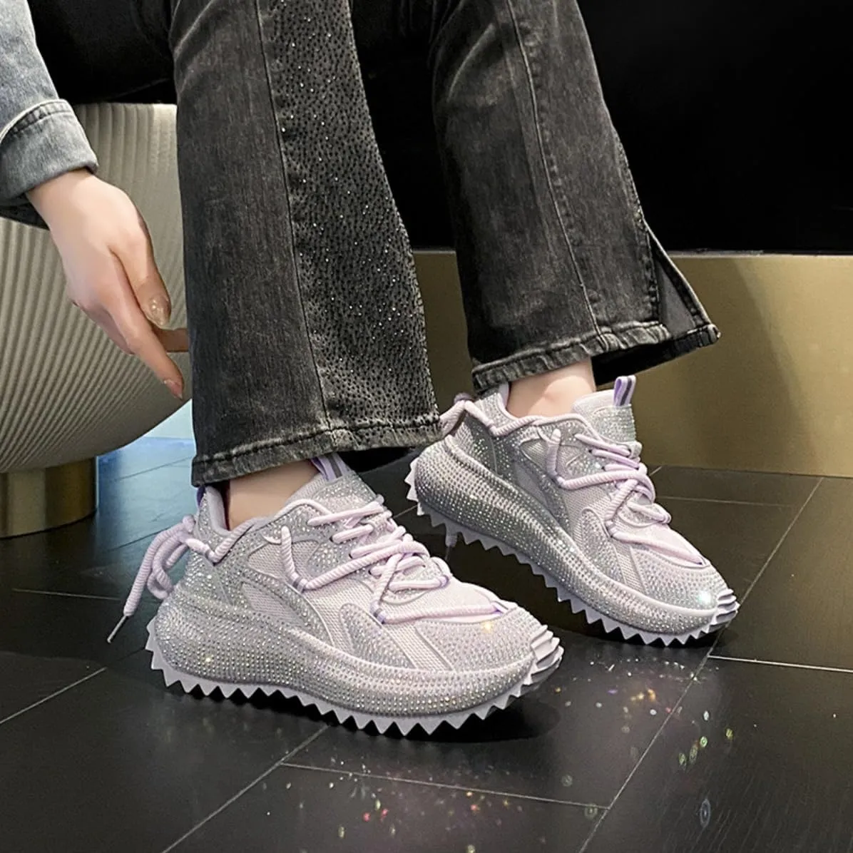 Fashionable Rhinestone Sweet Platform Bling Shoes for Women's Thick Soles PU Casual Sports with Jeans Skirts Comfortable Breathable Wedding Outdoors