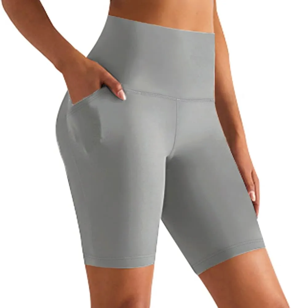 GROTEEN Biker Shorts Women with Pockets - 8'' High Waisted Tummy Control Yoga Workout Running Gym Spandex Shorts