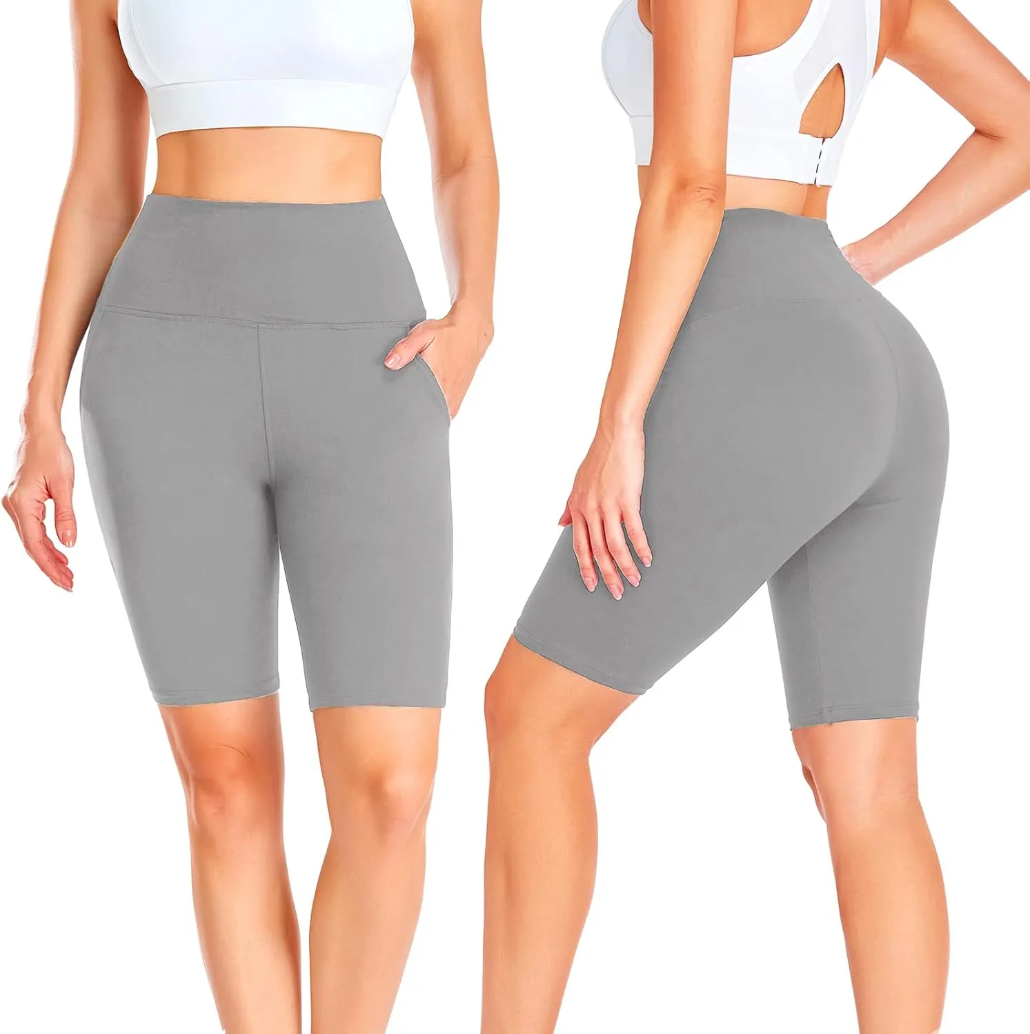 GROTEEN Biker Shorts Women with Pockets - 8'' High Waisted Tummy Control Yoga Workout Running Gym Spandex Shorts