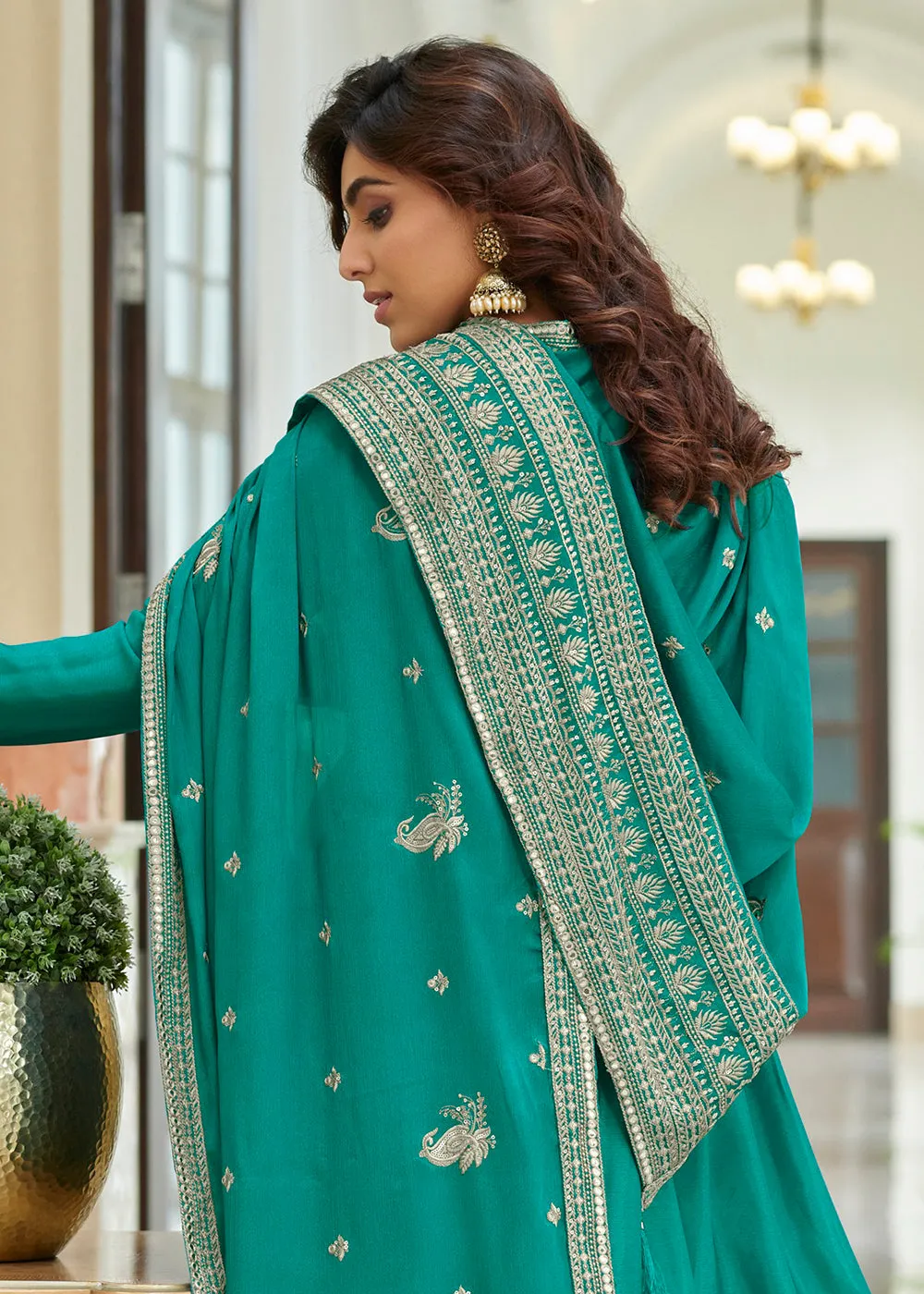 Heavy Chinon Turquoise Sequins Festive Gharara Suit
