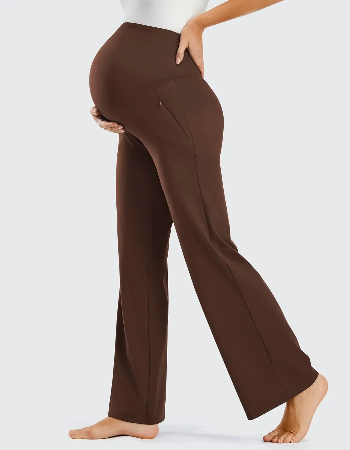 JOYSPELS Smooth Feeling Wide-Leg Maternity Work Pants Soft Pregnancy Yoga Pants with Zippered Pockets Over The Belly
