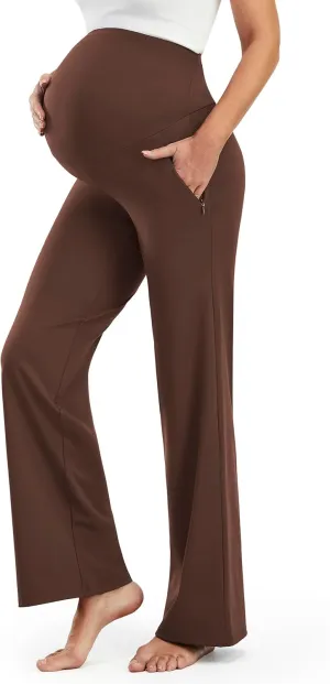 JOYSPELS Smooth Feeling Wide-Leg Maternity Work Pants Soft Pregnancy Yoga Pants with Zippered Pockets Over The Belly
