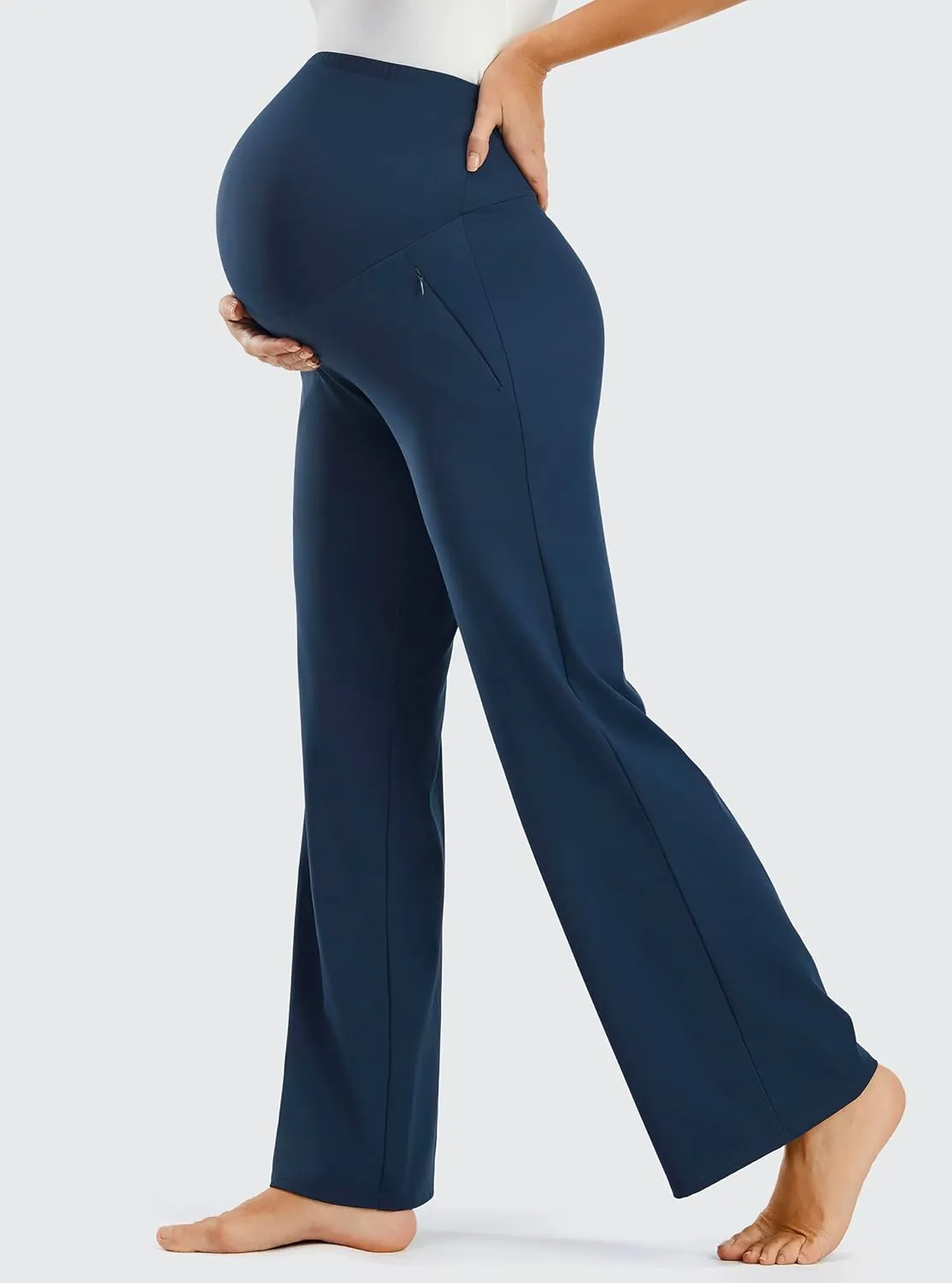 JOYSPELS Smooth Feeling Wide-Leg Maternity Work Pants Soft Pregnancy Yoga Pants with Zippered Pockets Over The Belly