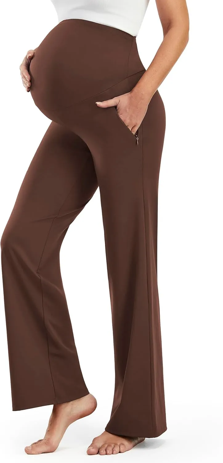 JOYSPELS Smooth Feeling Wide-Leg Maternity Work Pants Soft Pregnancy Yoga Pants with Zippered Pockets Over The Belly