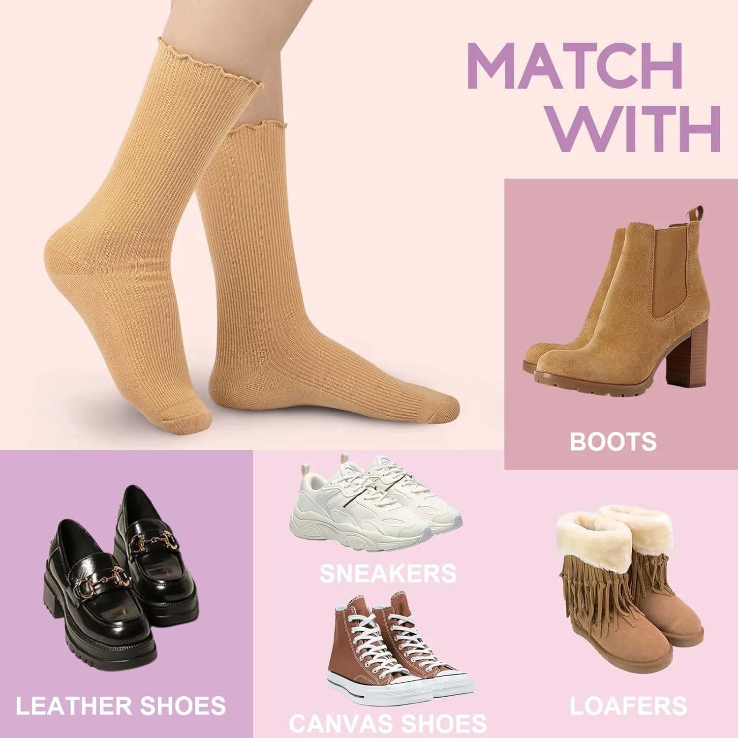 Justay 6 Pairs Ruffle Socks Soft Cute Frilly Turn-Cuff Long Casual Slouch Cotton Crew Socks for Women Gifts