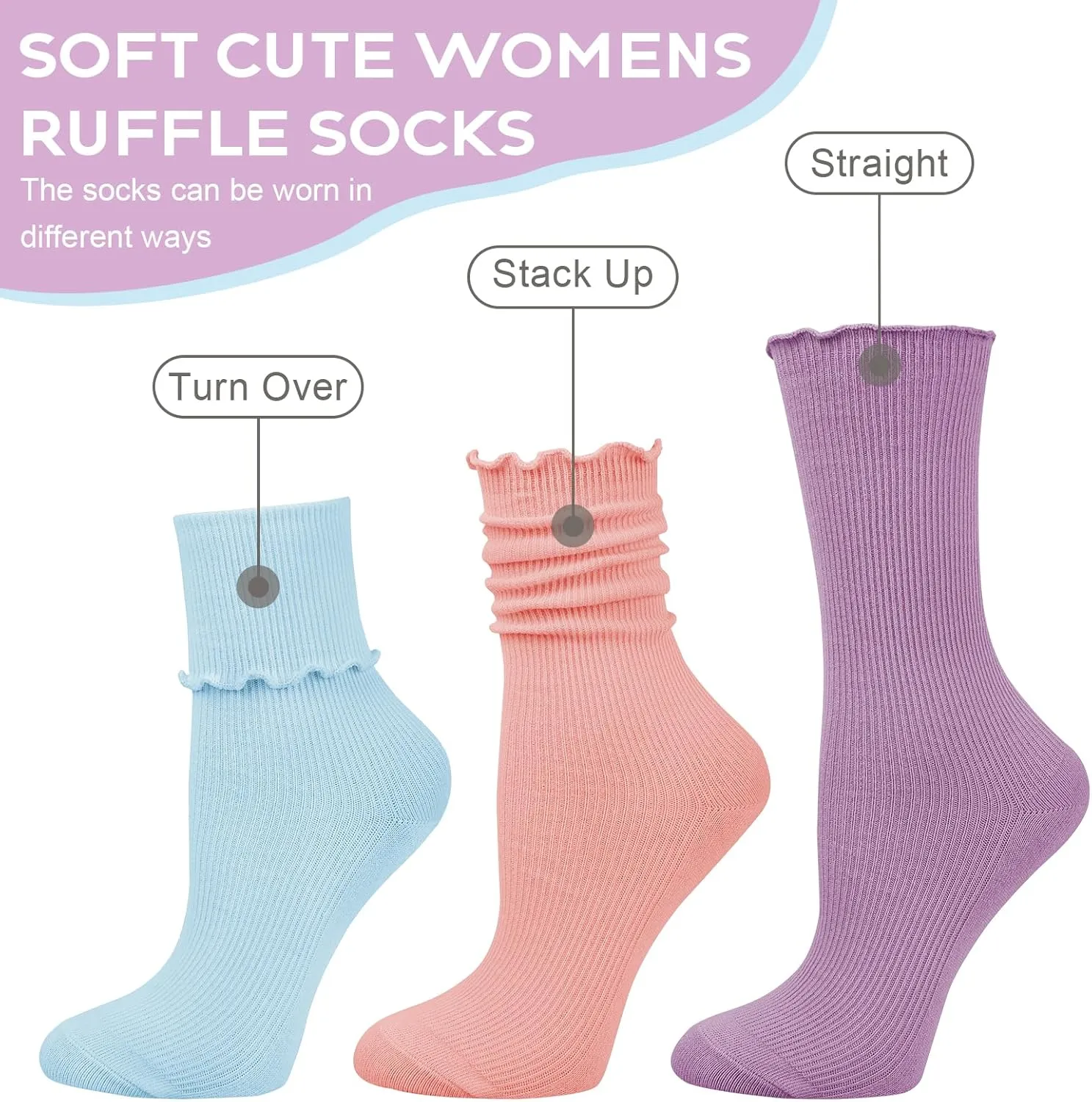 Justay 6 Pairs Ruffle Socks Soft Cute Frilly Turn-Cuff Long Casual Slouch Cotton Crew Socks for Women Gifts