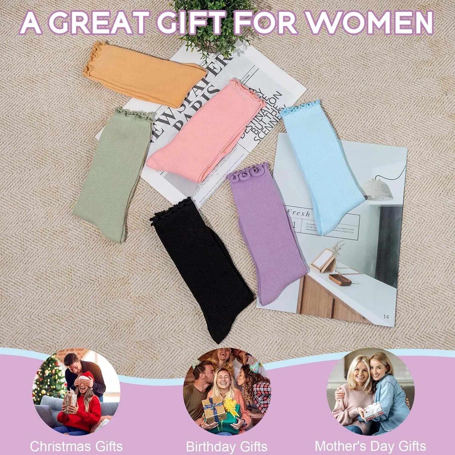 Justay 6 Pairs Ruffle Socks Soft Cute Frilly Turn-Cuff Long Casual Slouch Cotton Crew Socks for Women Gifts