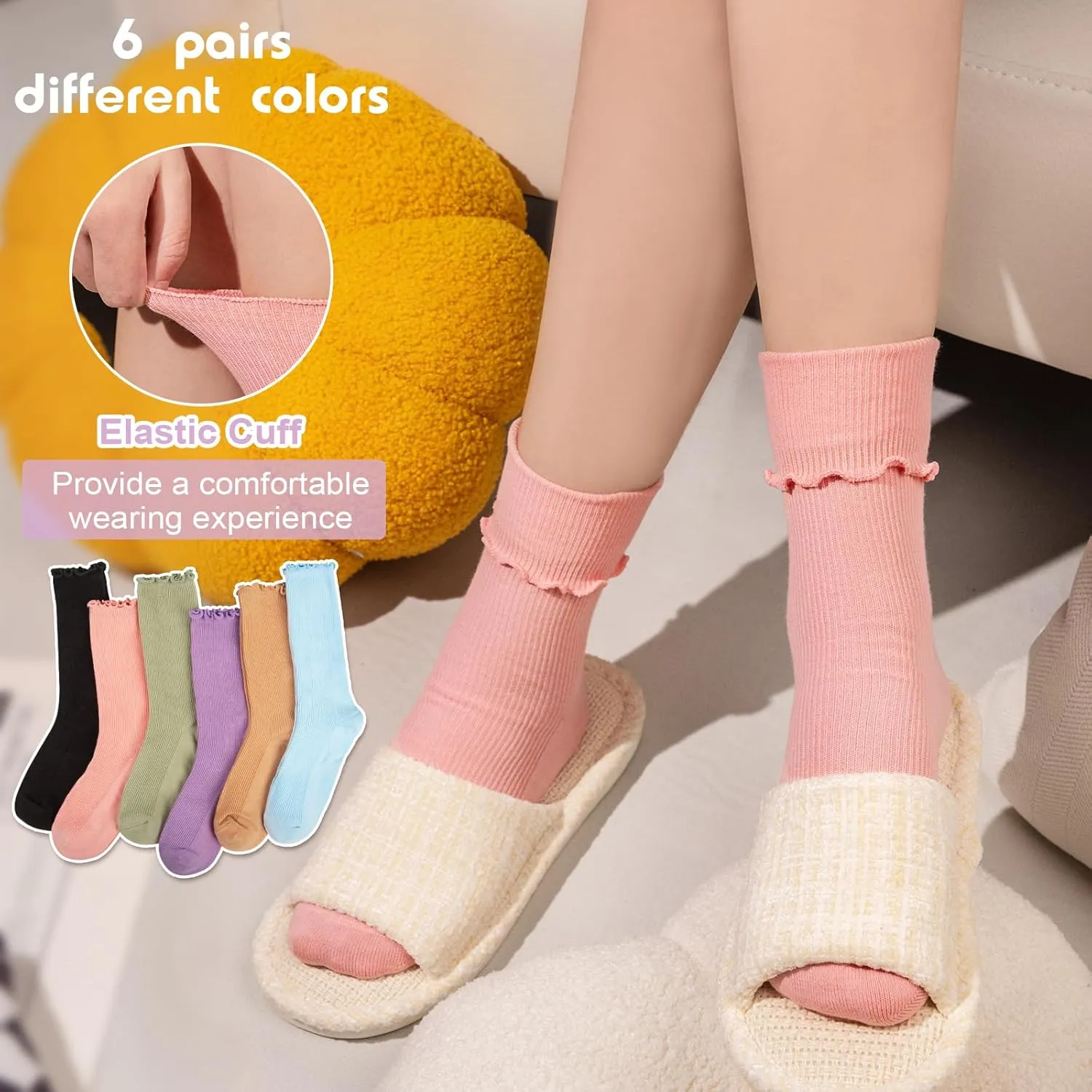 Justay 6 Pairs Ruffle Socks Soft Cute Frilly Turn-Cuff Long Casual Slouch Cotton Crew Socks for Women Gifts