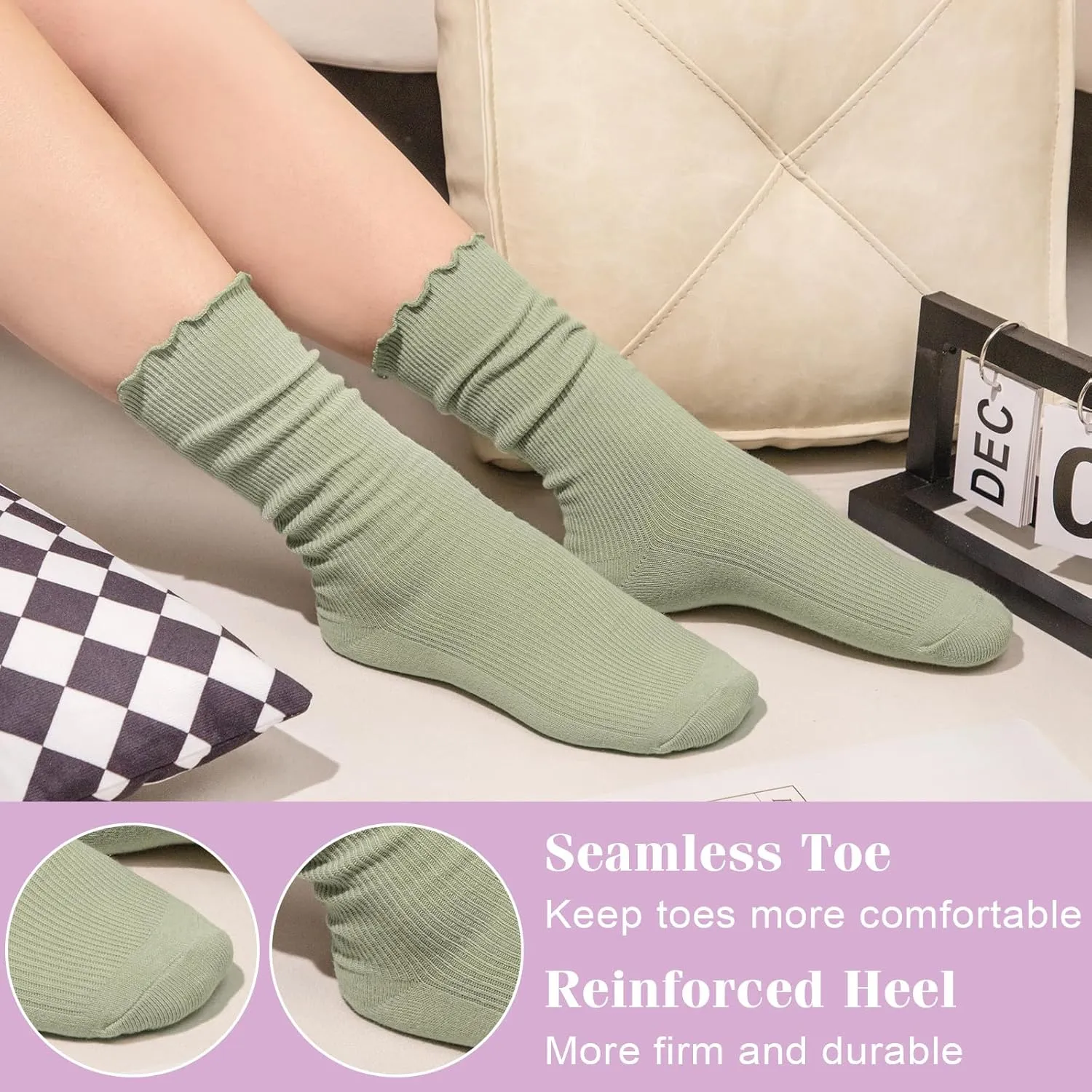 Justay 6 Pairs Ruffle Socks Soft Cute Frilly Turn-Cuff Long Casual Slouch Cotton Crew Socks for Women Gifts