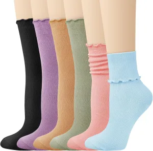Justay 6 Pairs Ruffle Socks Soft Cute Frilly Turn-Cuff Long Casual Slouch Cotton Crew Socks for Women Gifts